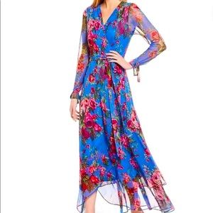 Blue Floral Betsy Johnson Lace Mesh High Low Wrap Dress